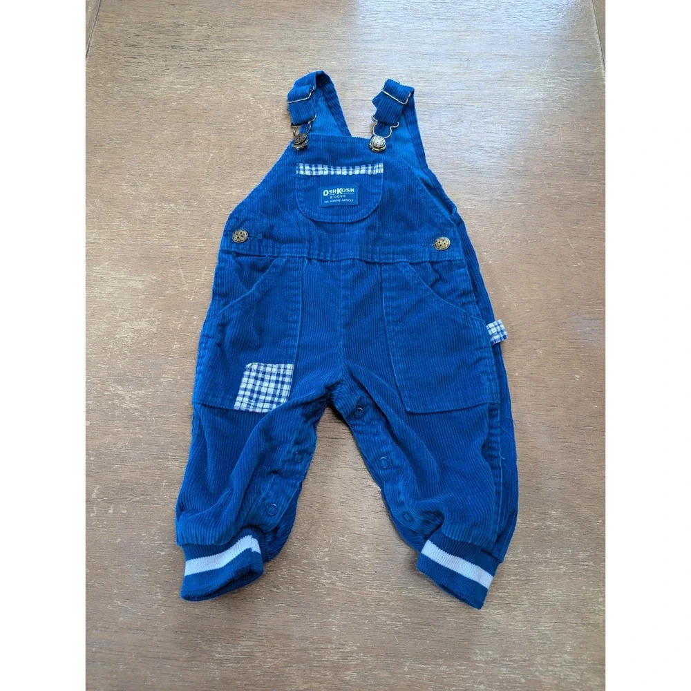 Vintage OshKosh Bgosh Blue Corduroy Overalls Plaid Patch USA Made Kids 12M‎